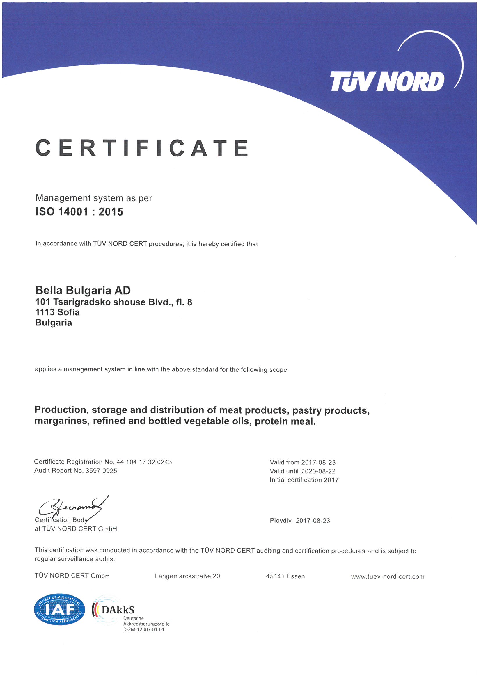“Bella Bulgaria” has adopted an international environmental management system-ISO 14001:2015 